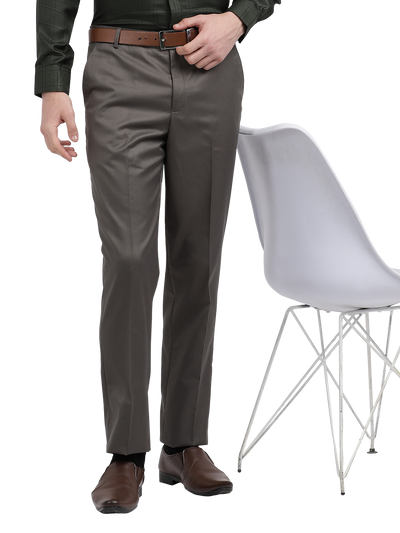 Model wearing Clarke Gable's Grey Smart Fit Trousers in a casual setting