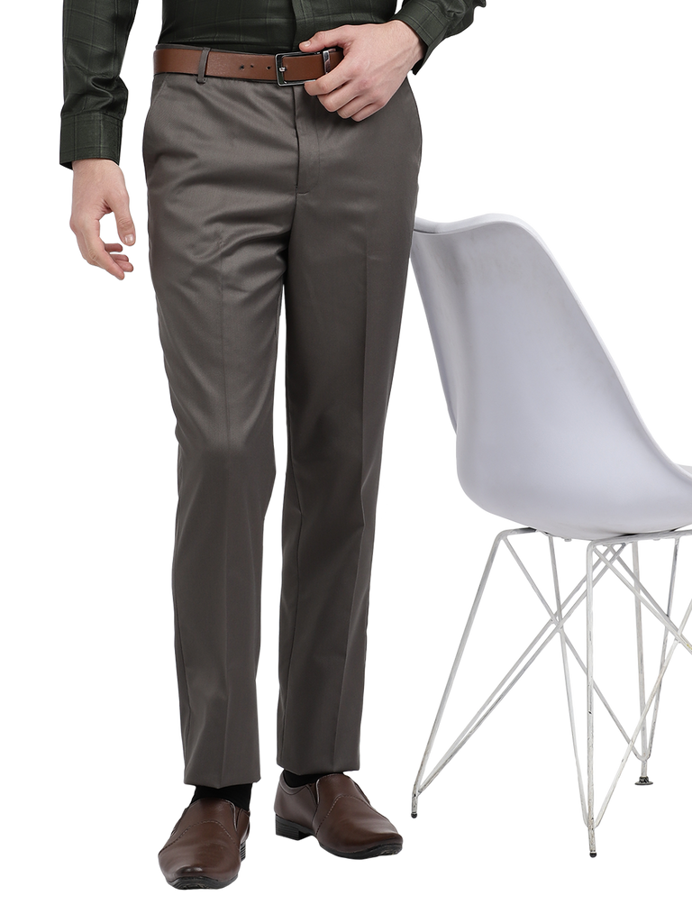 Model wearing Clarke Gable's Grey Smart Fit Trousers in a casual setting