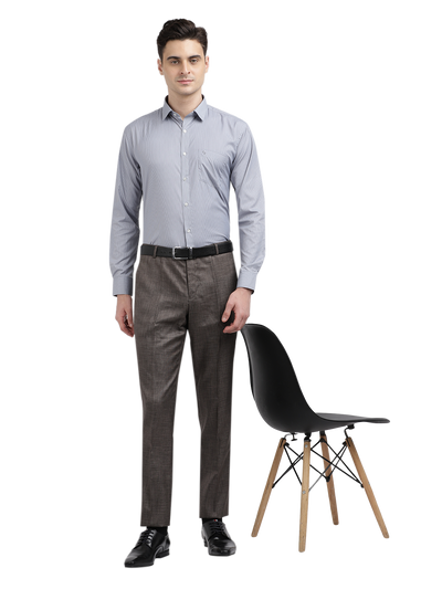 Model wearing Clarke Gable's Grey Striped Formal Shirt in a casual setting