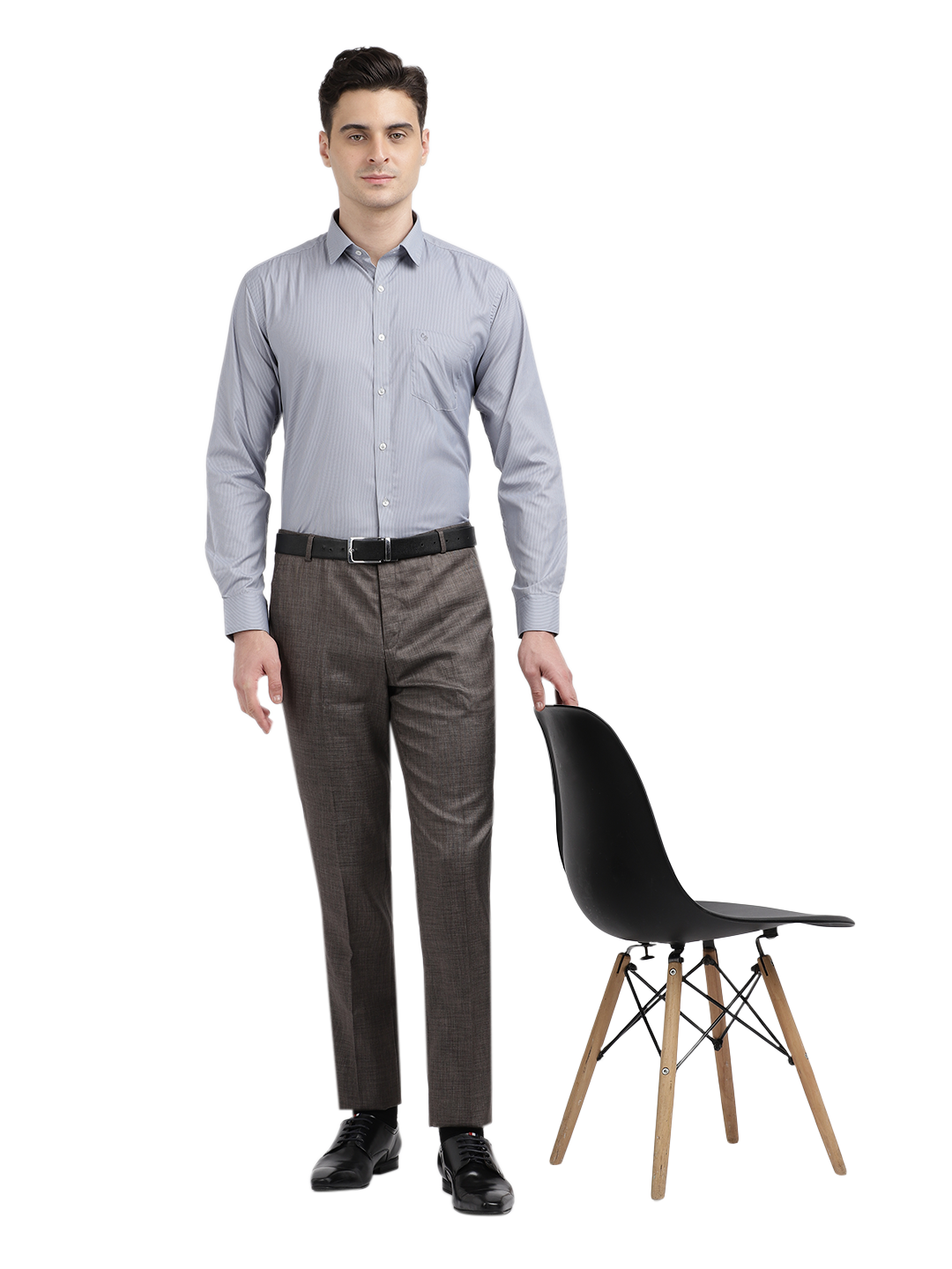 Model wearing Clarke Gable's Grey Striped Formal Shirt in a casual setting