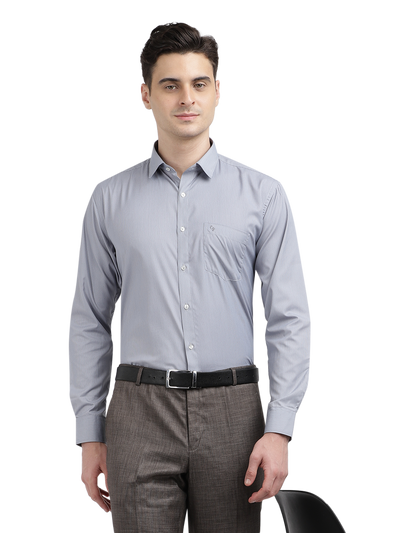 Model wearing Clarke Gable's Grey Striped Formal Shirt in a casual setting