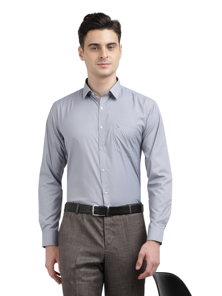 Model wearing Clarke Gable's Grey Striped Formal Shirt in a casual setting