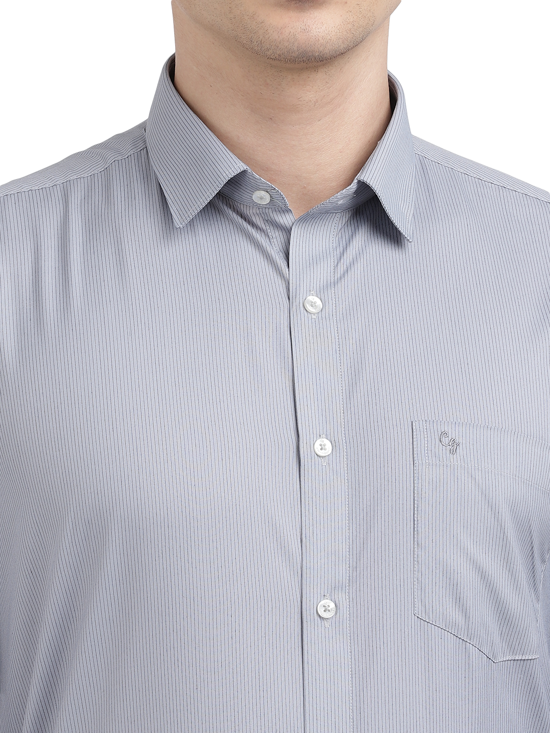 Model wearing Clarke Gable's Grey Striped Formal Shirt in a casual setting