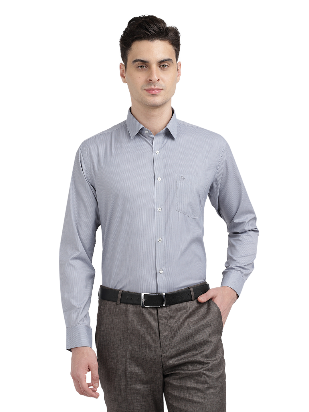 Model wearing Clarke Gable's Grey Striped Formal Shirt in a casual setting