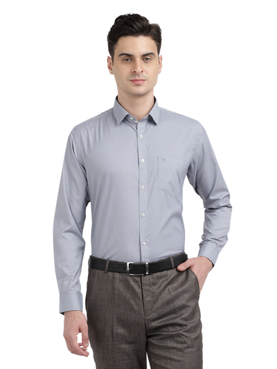 Model wearing Clarke Gable's Grey Striped Formal Shirt in a casual setting