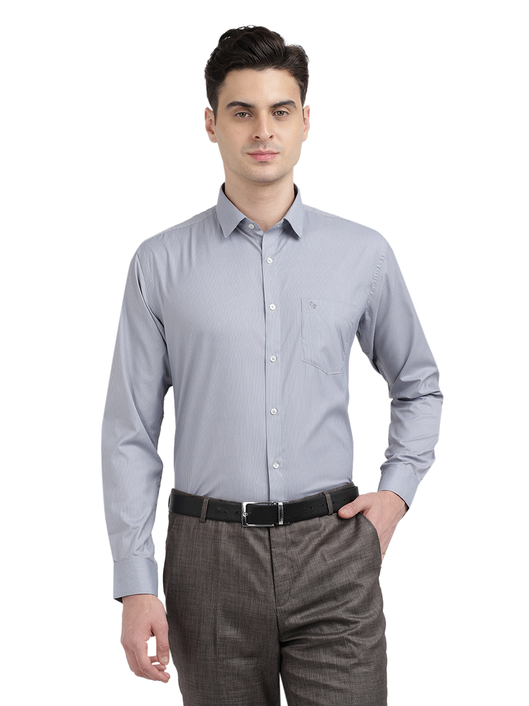 Model wearing Clarke Gable's Grey Striped Formal Shirt in a casual setting