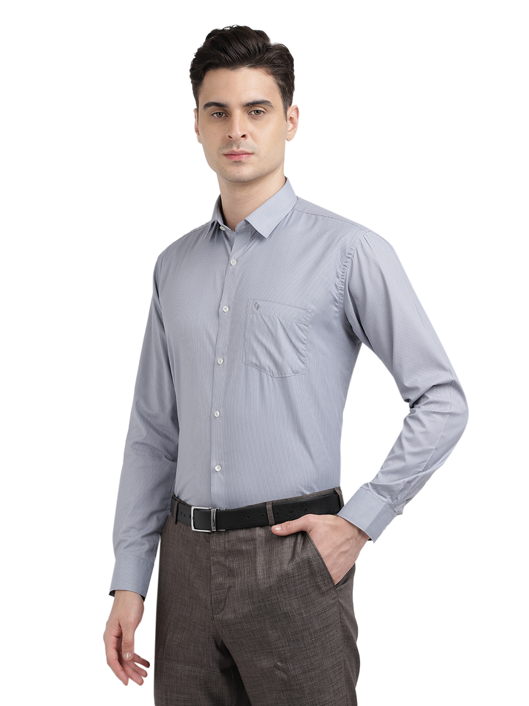 Model wearing Clarke Gable's Grey Striped Formal Shirt in a casual setting