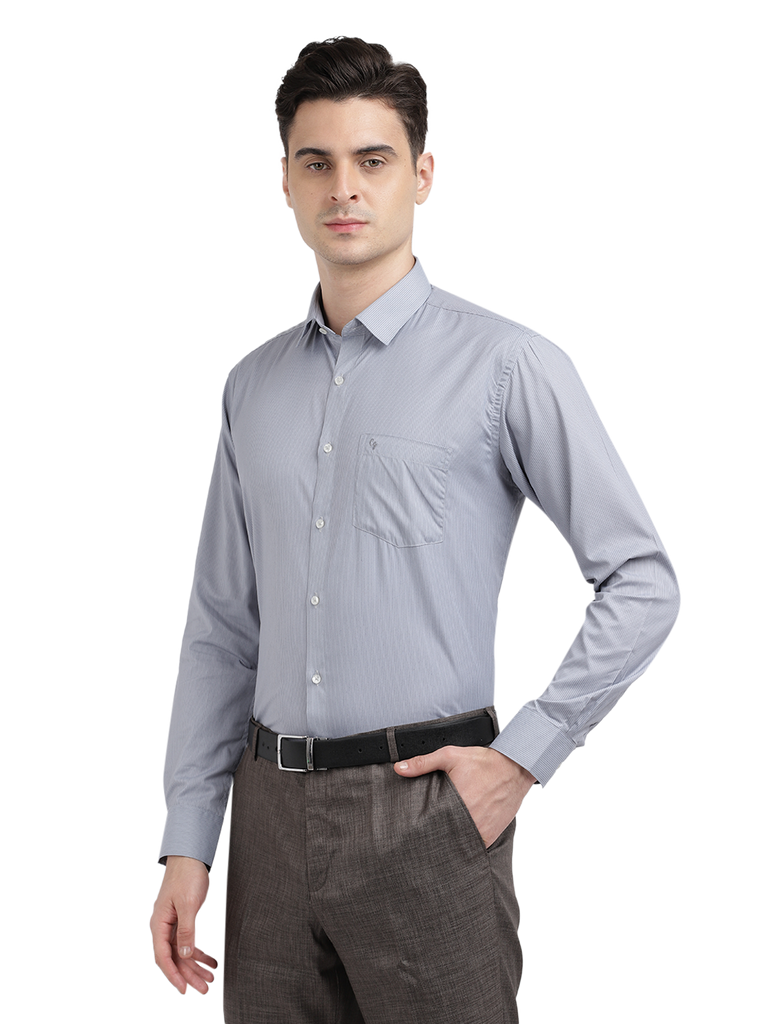 Model wearing Clarke Gable's Grey Striped Formal Shirt in a casual setting