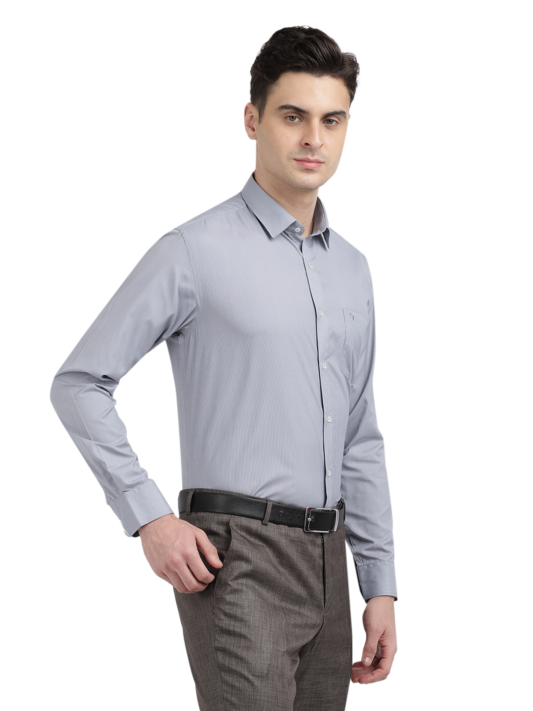 Model wearing Clarke Gable's Grey Striped Formal Shirt in a casual setting