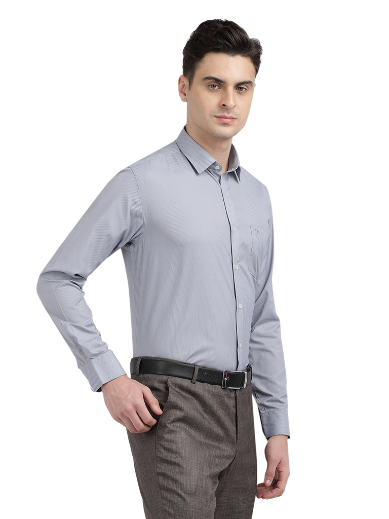 Model wearing Clarke Gable's Grey Striped Formal Shirt in a casual setting