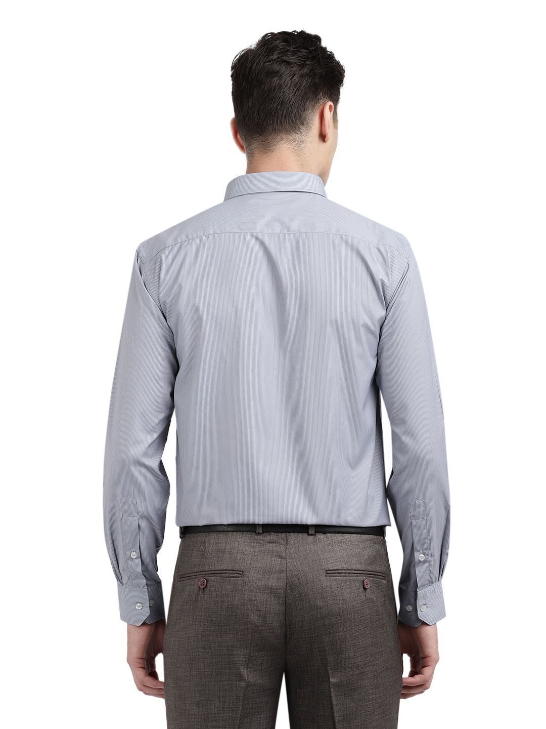 Model wearing Clarke Gable's Grey Striped Formal Shirt in a casual setting