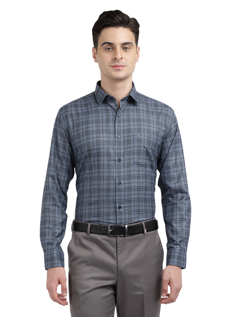 Model wearing Clarke Gable's Grey With Black Checked Formal Shirt in a casual setting