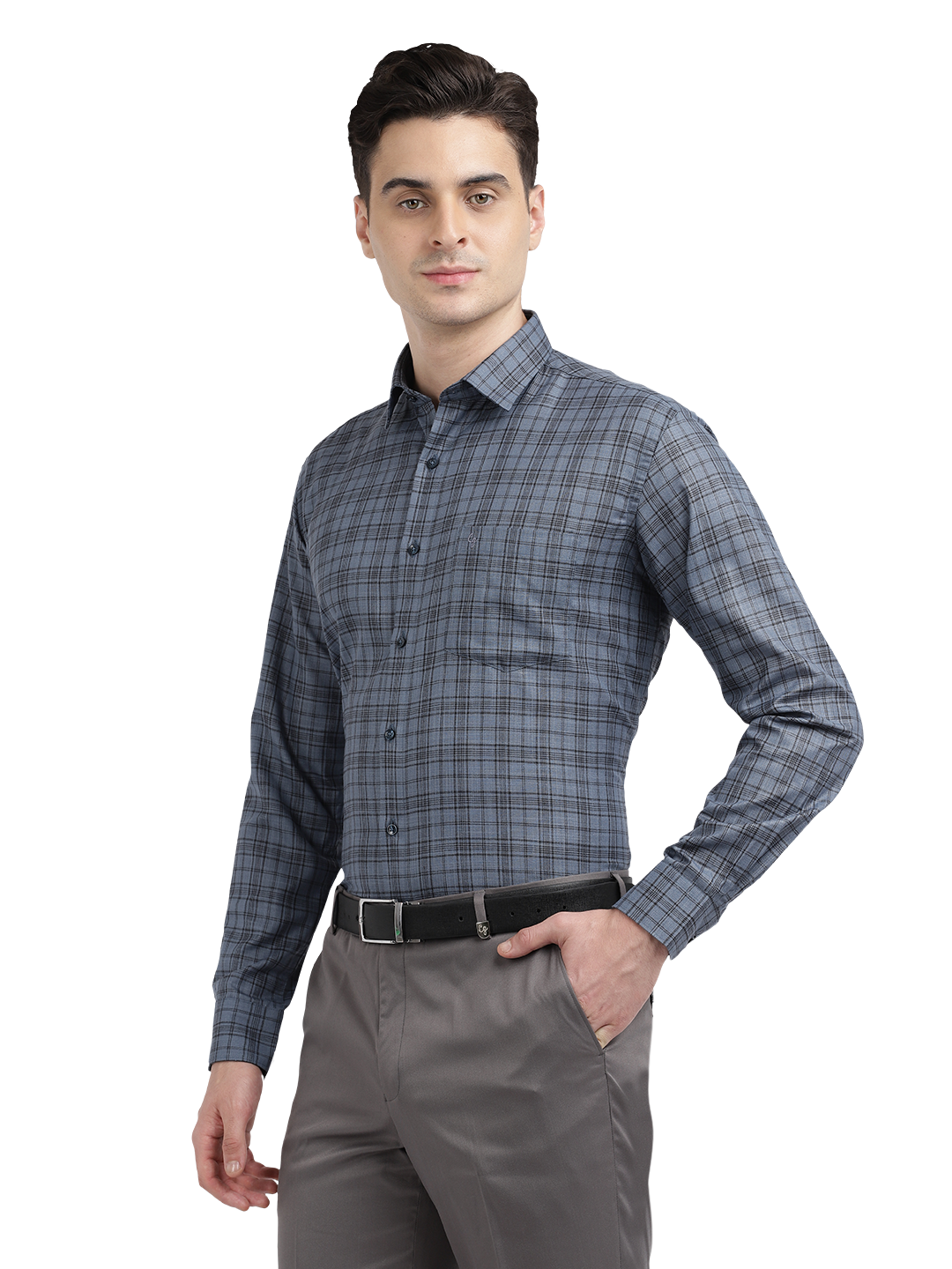 Model wearing Clarke Gable's Grey With Black Checked Formal Shirt in a casual setting