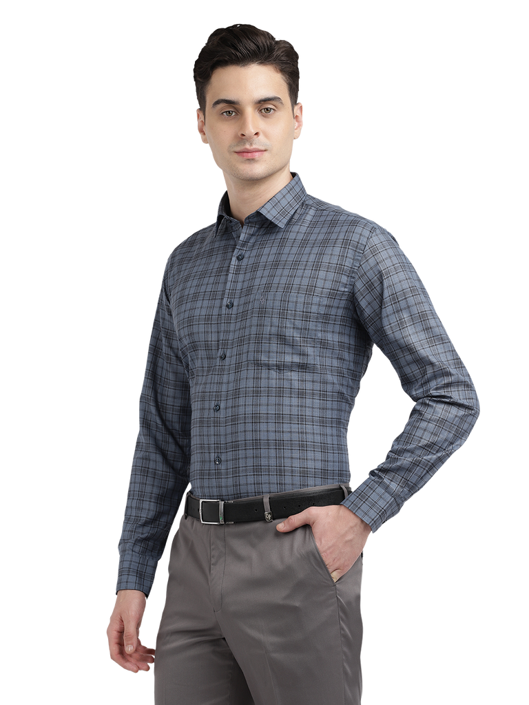 Model wearing Clarke Gable's Grey With Black Checked Formal Shirt in a casual setting