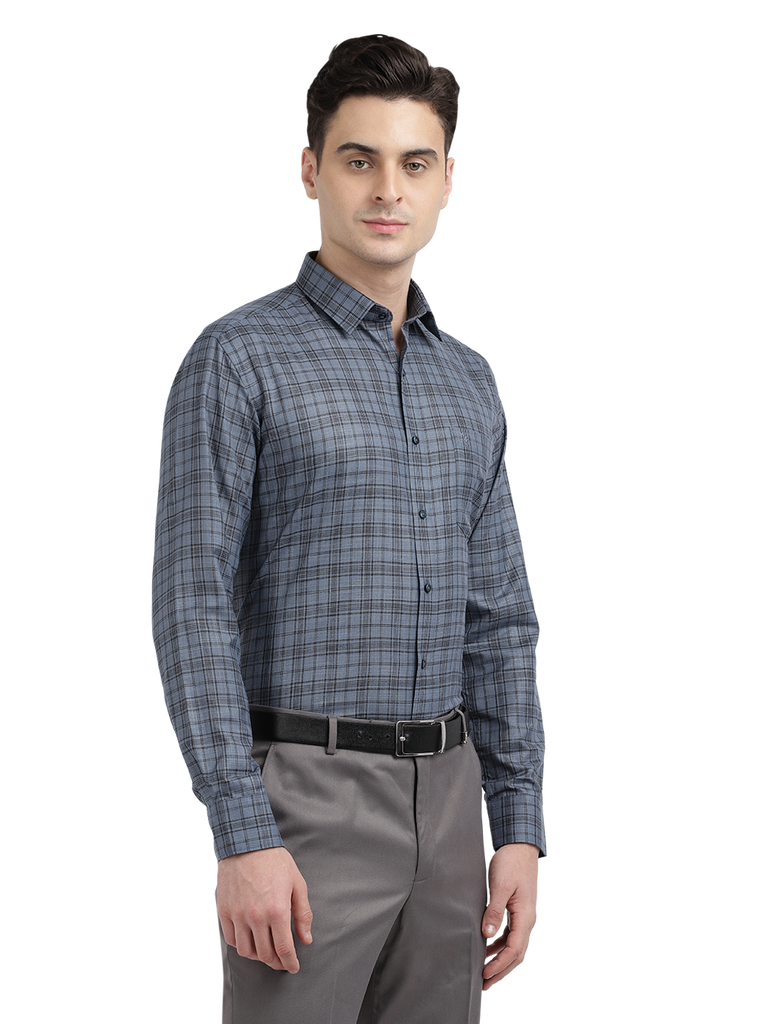 Model wearing Clarke Gable's Grey With Black Checked Formal Shirt in a casual setting