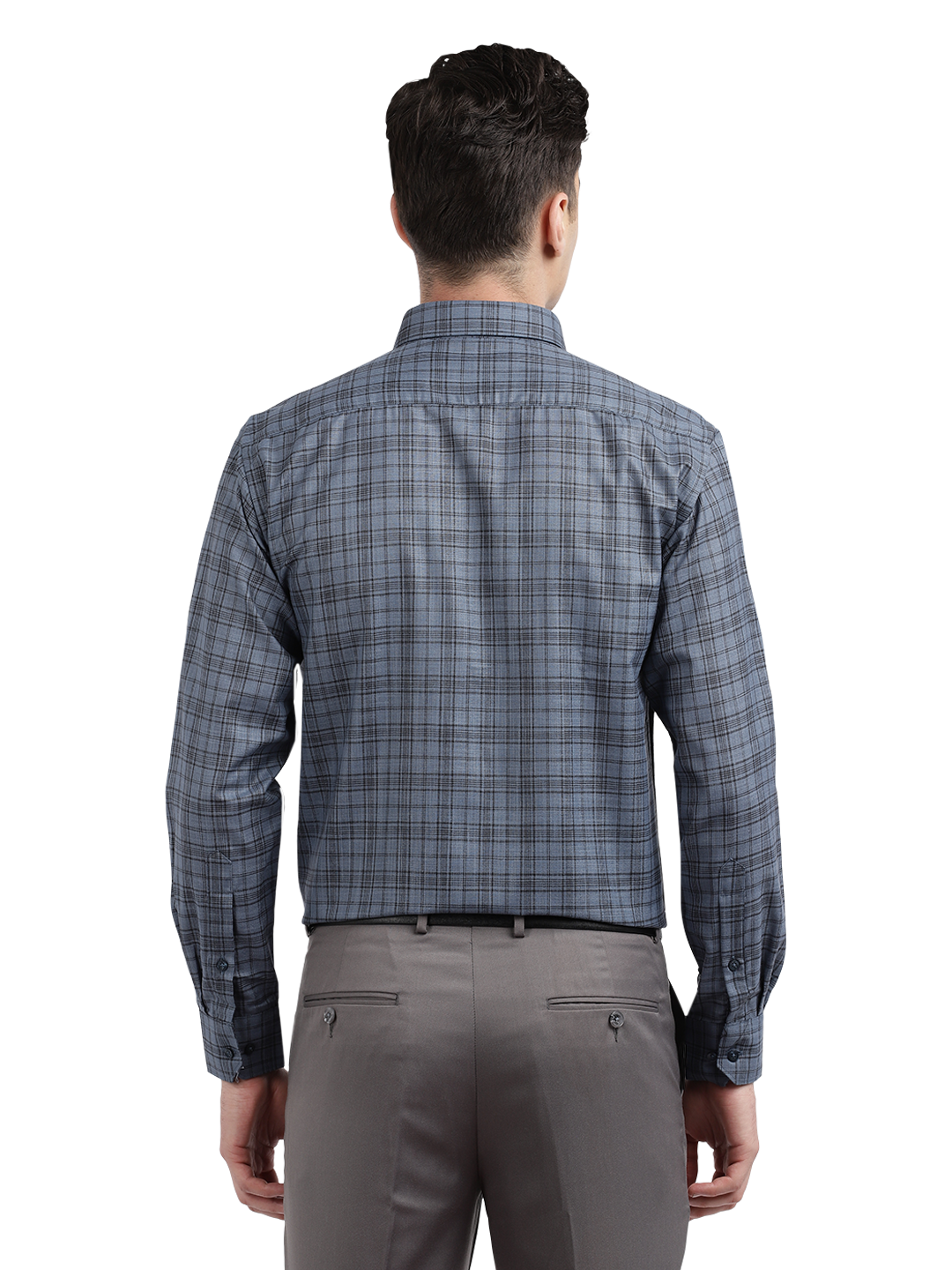 Model wearing Clarke Gable's Grey With Black Checked Formal Shirt in a casual setting