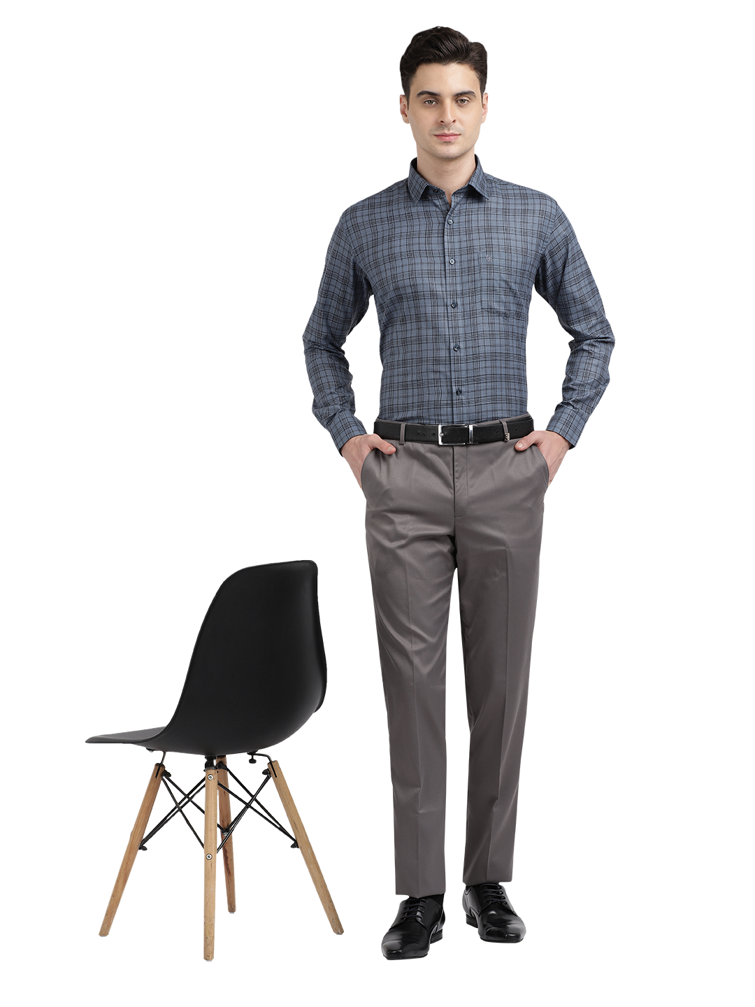 Model wearing Clarke Gable's Grey With Black Checked Formal Shirt in a casual setting