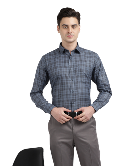 Model wearing Clarke Gable's Grey With Black Checked Formal Shirt in a casual setting