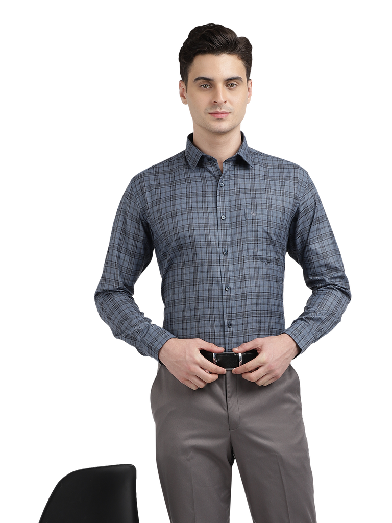 Model wearing Clarke Gable's Grey With Black Checked Formal Shirt in a casual setting