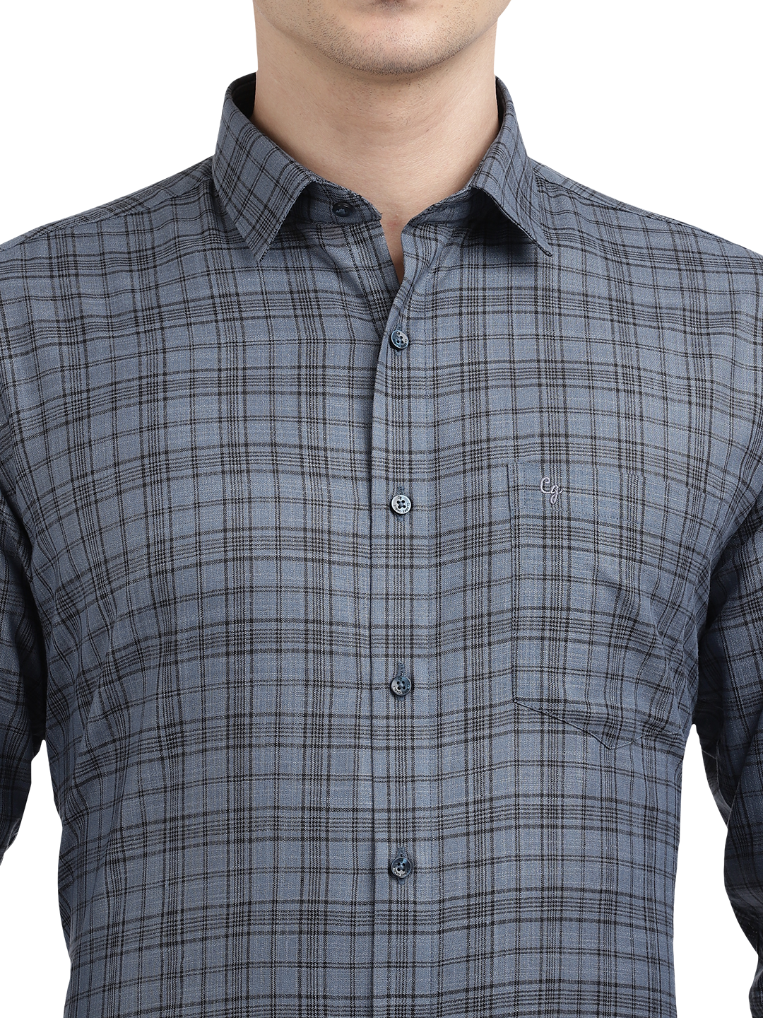 Model wearing Clarke Gable's Grey With Black Checked Formal Shirt in a casual setting