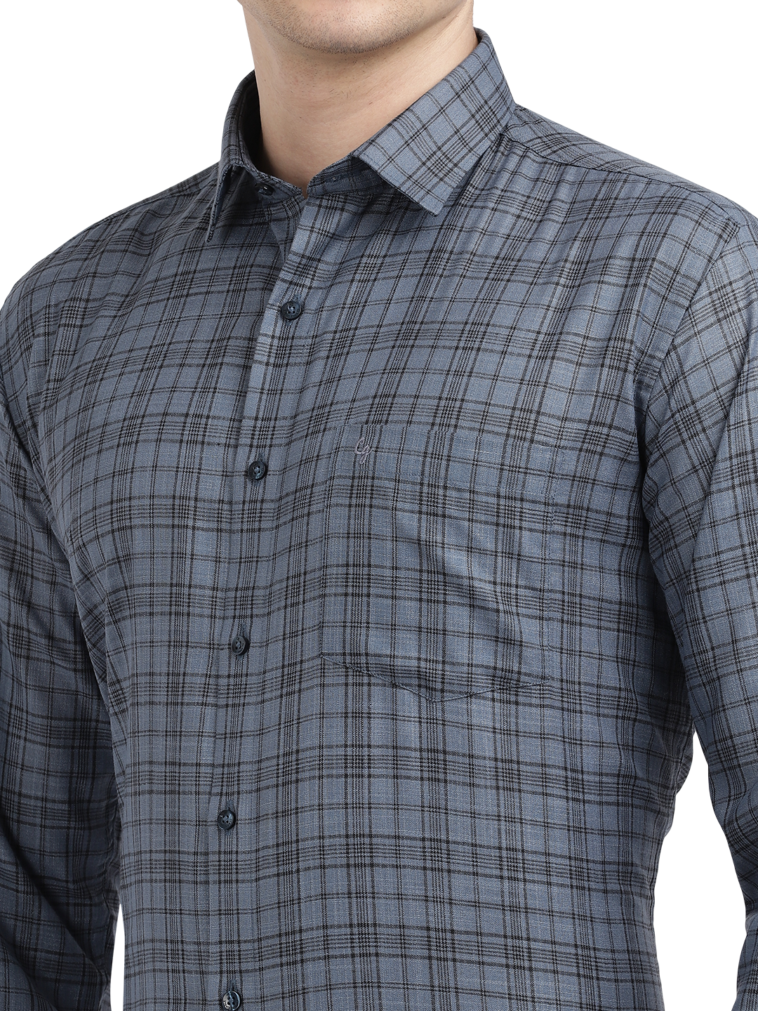Model wearing Clarke Gable's Grey With Black Checked Formal Shirt in a casual setting
