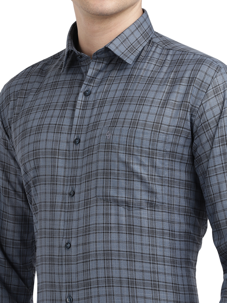 Model wearing Clarke Gable's Grey With Black Checked Formal Shirt in a casual setting