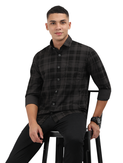 Model wearing Clarke Gable's Grey With Black Checked Semi Casual Shirt in a casual setting