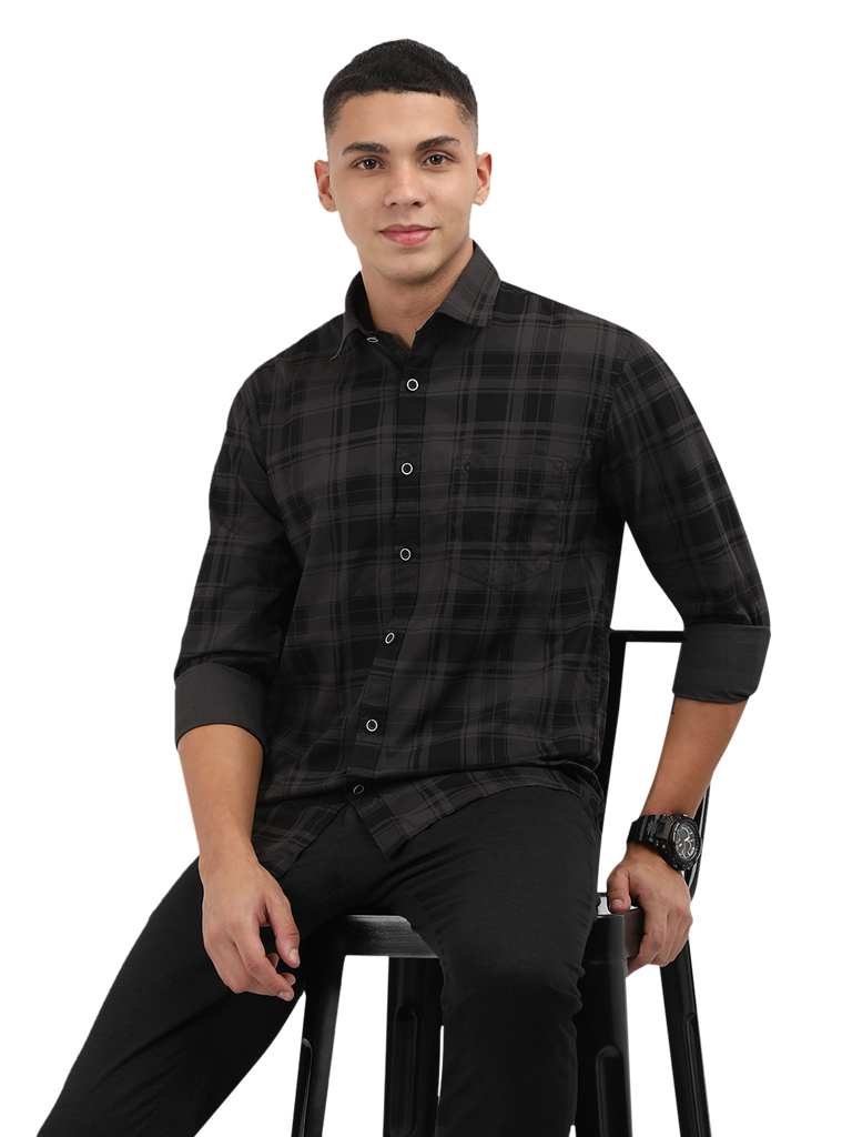 Model wearing Clarke Gable's Grey With Black Checked Semi Casual Shirt in a casual setting