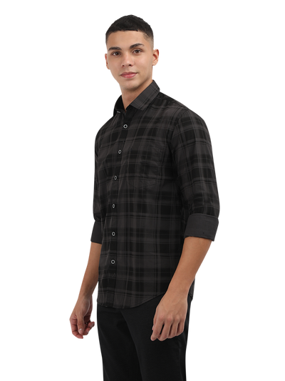 Model wearing Clarke Gable's Grey With Black Checked Semi Casual Shirt in a casual setting