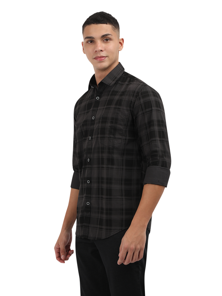 Model wearing Clarke Gable's Grey With Black Checked Semi Casual Shirt in a casual setting