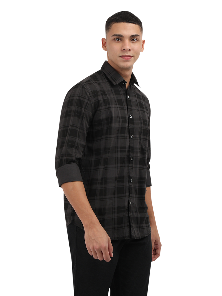 Model wearing Clarke Gable's Grey With Black Checked Semi Casual Shirt in a casual setting