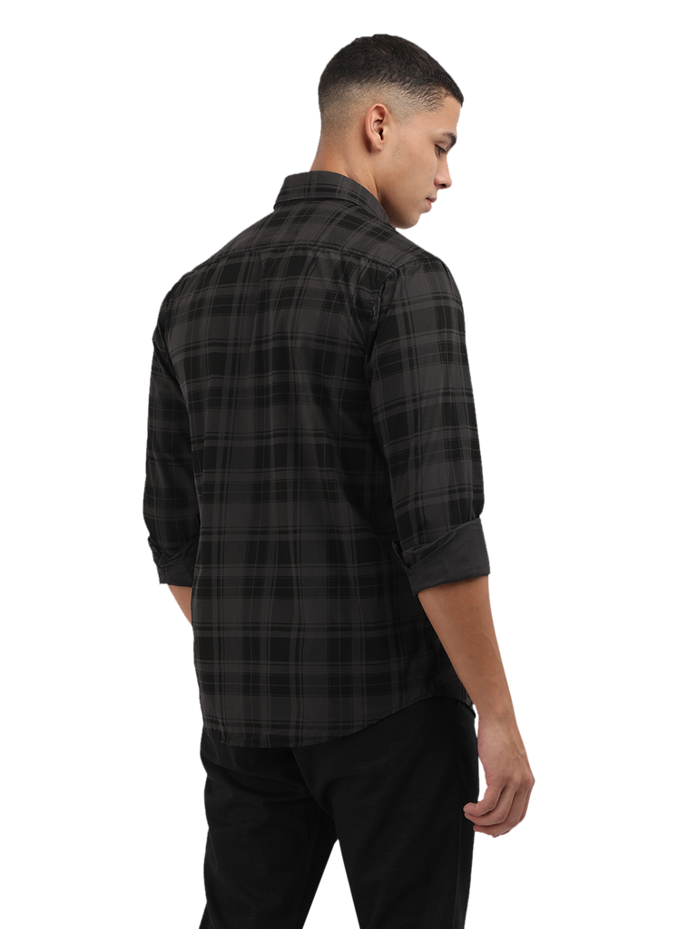 Model wearing Clarke Gable's Grey With Black Checked Semi Casual Shirt in a casual setting