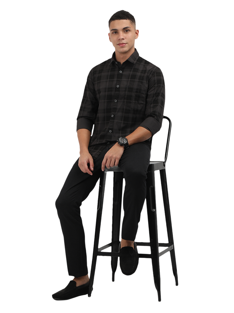 Model wearing Clarke Gable's Grey With Black Checked Semi Casual Shirt in a casual setting