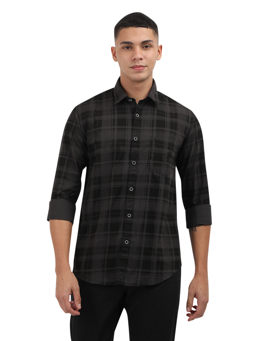 Model wearing Clarke Gable's Grey With Black Checked Semi Casual Shirt in a casual setting
