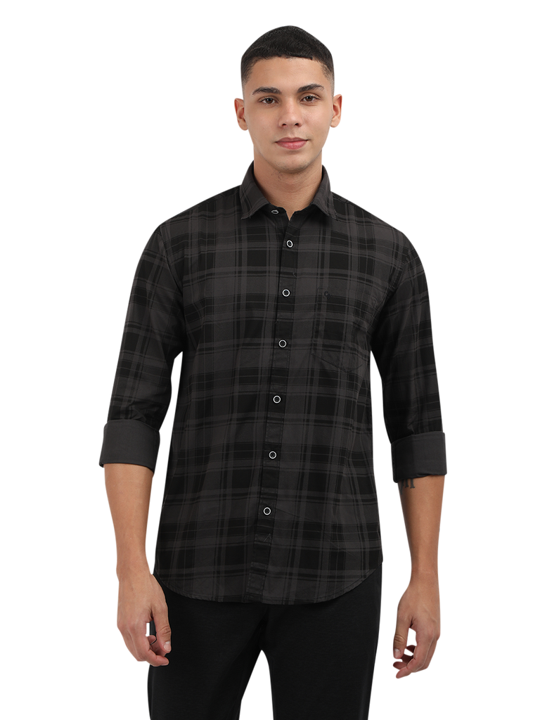 Model wearing Clarke Gable's Grey With Black Checked Semi Casual Shirt in a casual setting