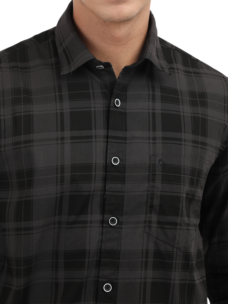 Model wearing Clarke Gable's Grey With Black Checked Semi Casual Shirt in a casual setting