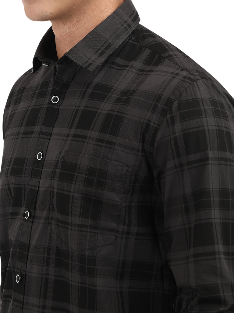 Model wearing Clarke Gable's Grey With Black Checked Semi Casual Shirt in a casual setting