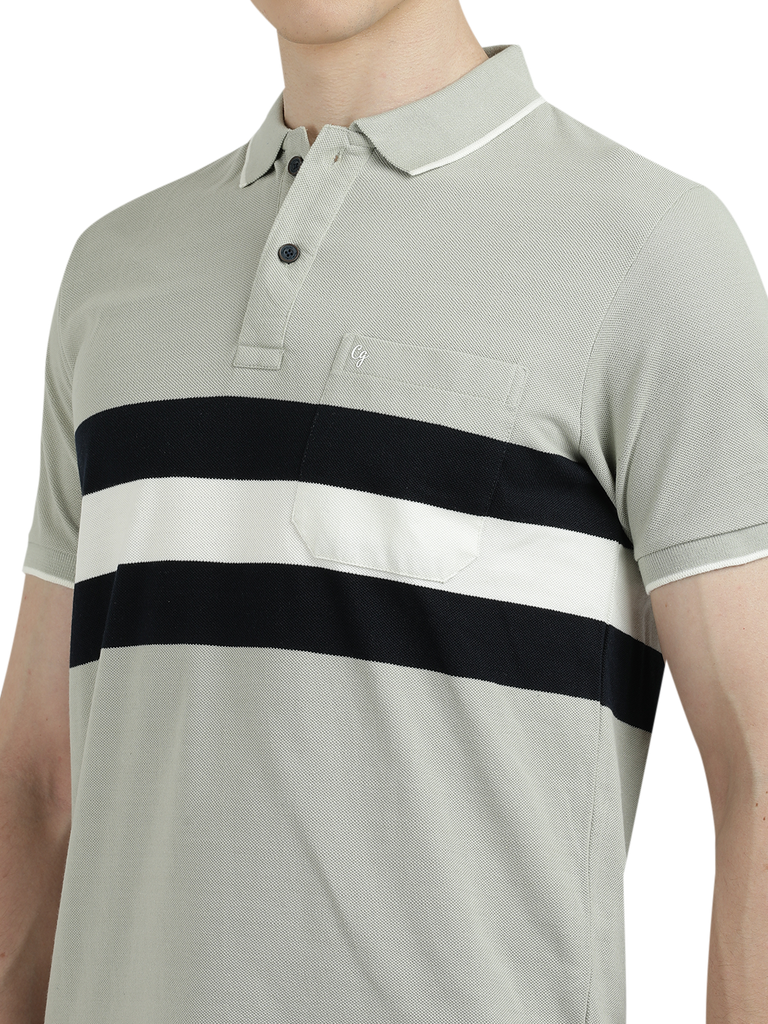 Model wearing Clarke Gable's Grey With Black Striped Polo Collar T-Shirt in a casual setting