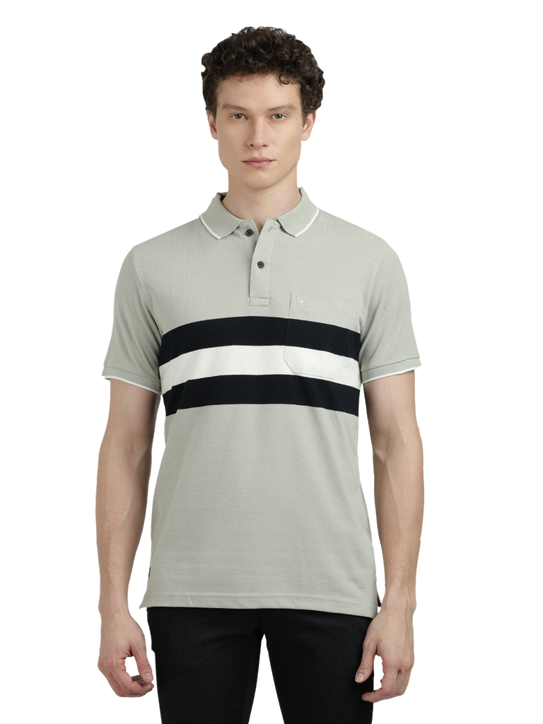 Model wearing Clarke Gable's Grey With Black Striped Polo Collar T-Shirt in a casual setting