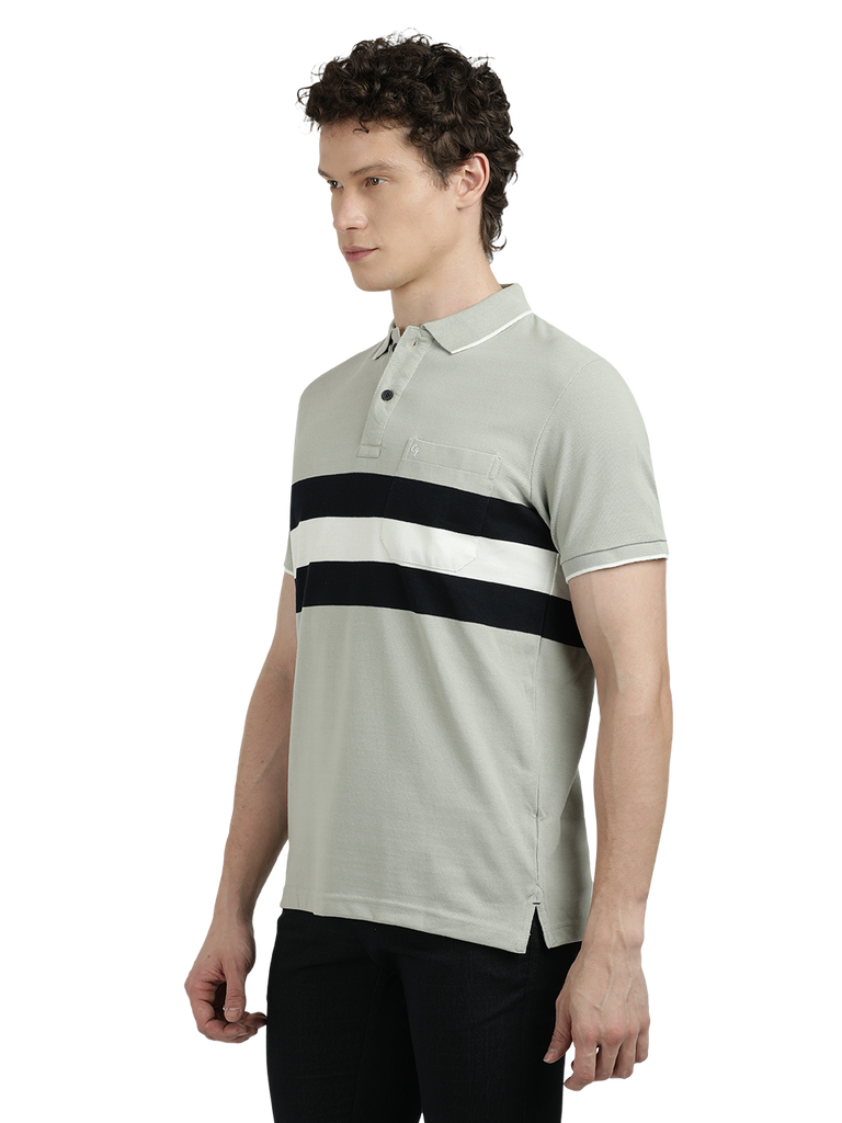 Model wearing Clarke Gable's Grey With Black Striped Polo Collar T-Shirt in a casual setting