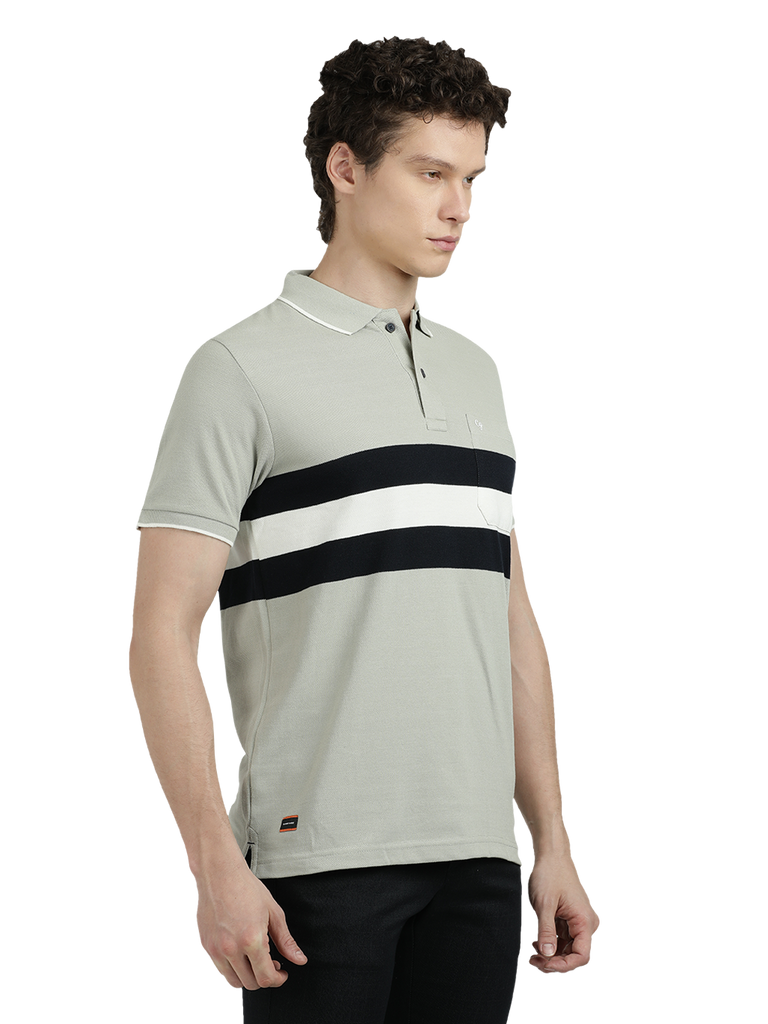 Model wearing Clarke Gable's Grey With Black Striped Polo Collar T-Shirt in a casual setting