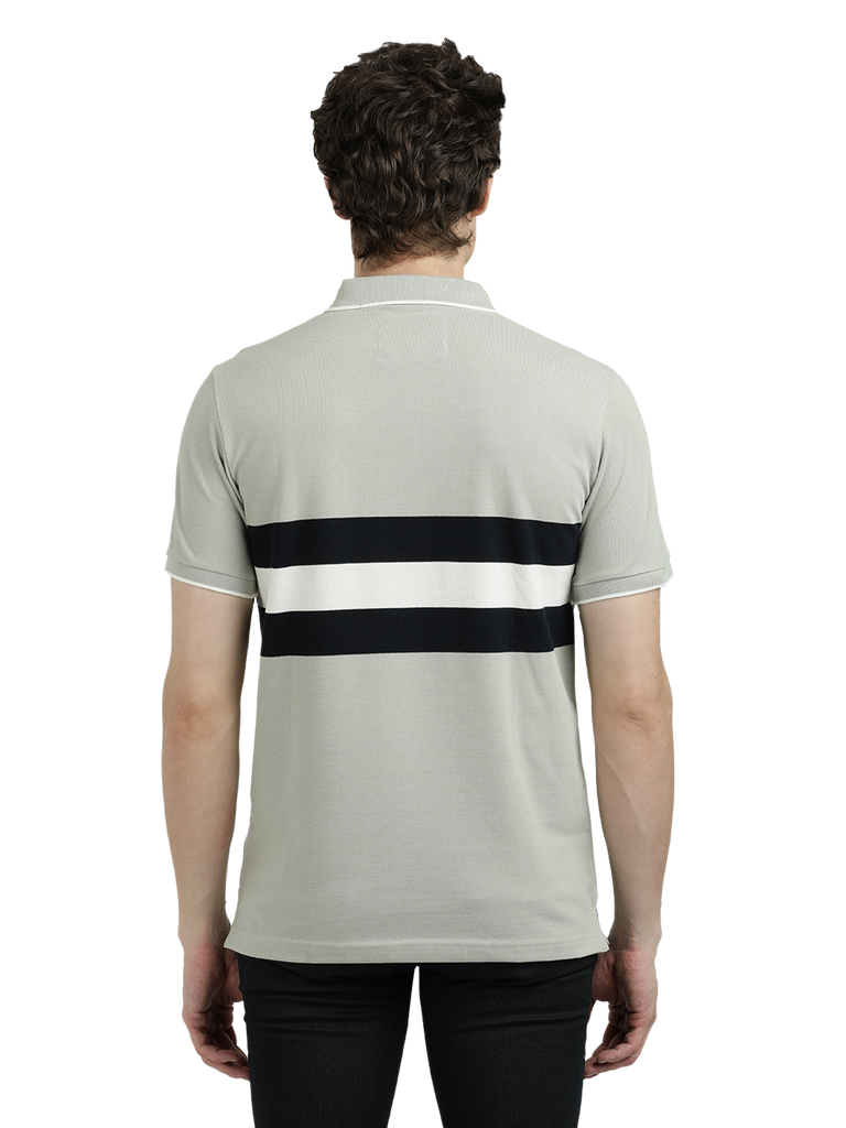 Model wearing Clarke Gable's Grey With Black Striped Polo Collar T-Shirt in a casual setting