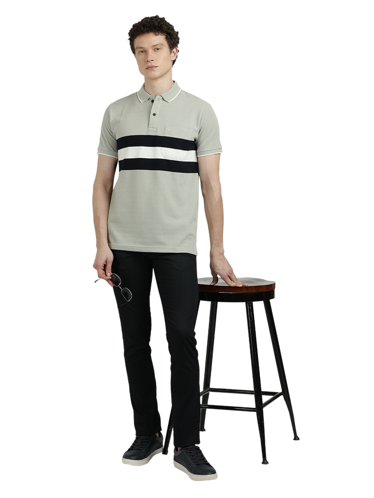 Model wearing Clarke Gable's Grey With Black Striped Polo Collar T-Shirt in a casual setting