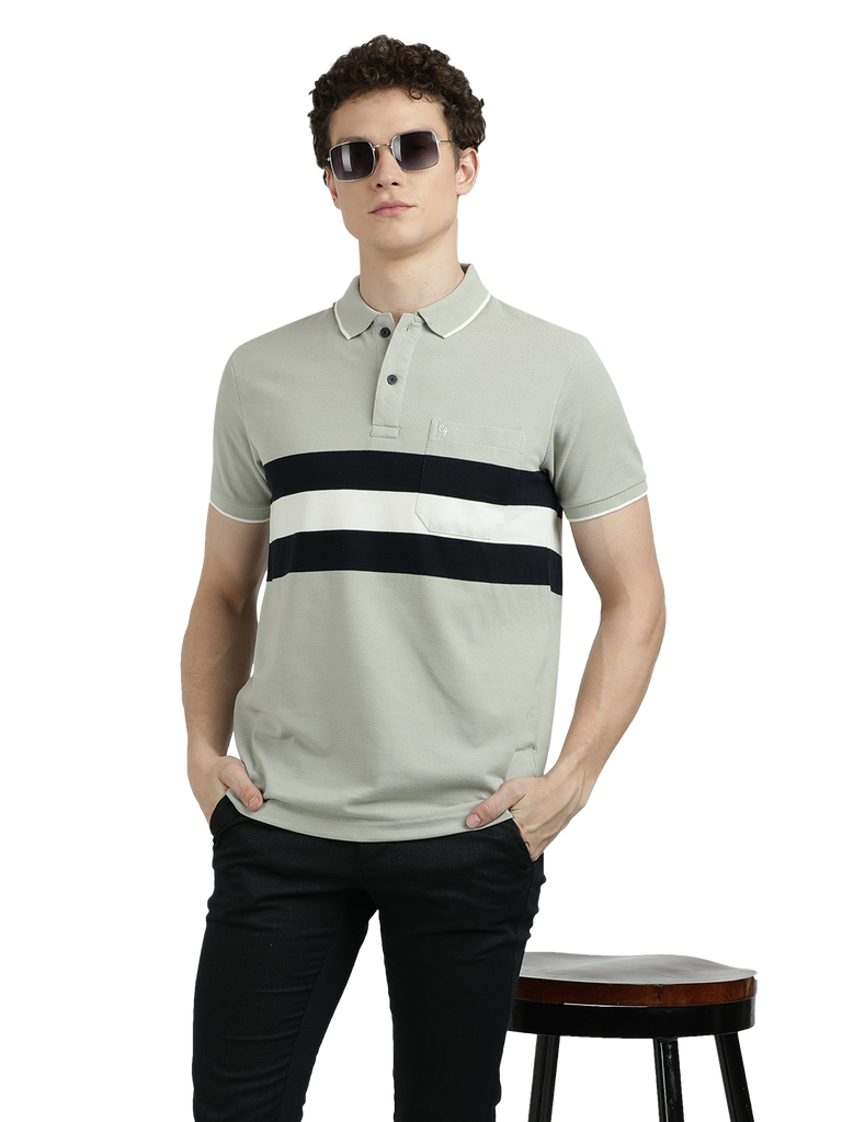 Model wearing Clarke Gable's Grey With Black Striped Polo Collar T-Shirt in a casual setting