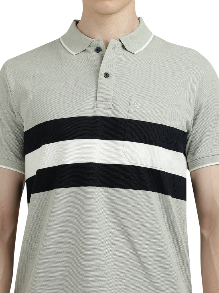 Model wearing Clarke Gable's Grey With Black Striped Polo Collar T-Shirt in a casual setting