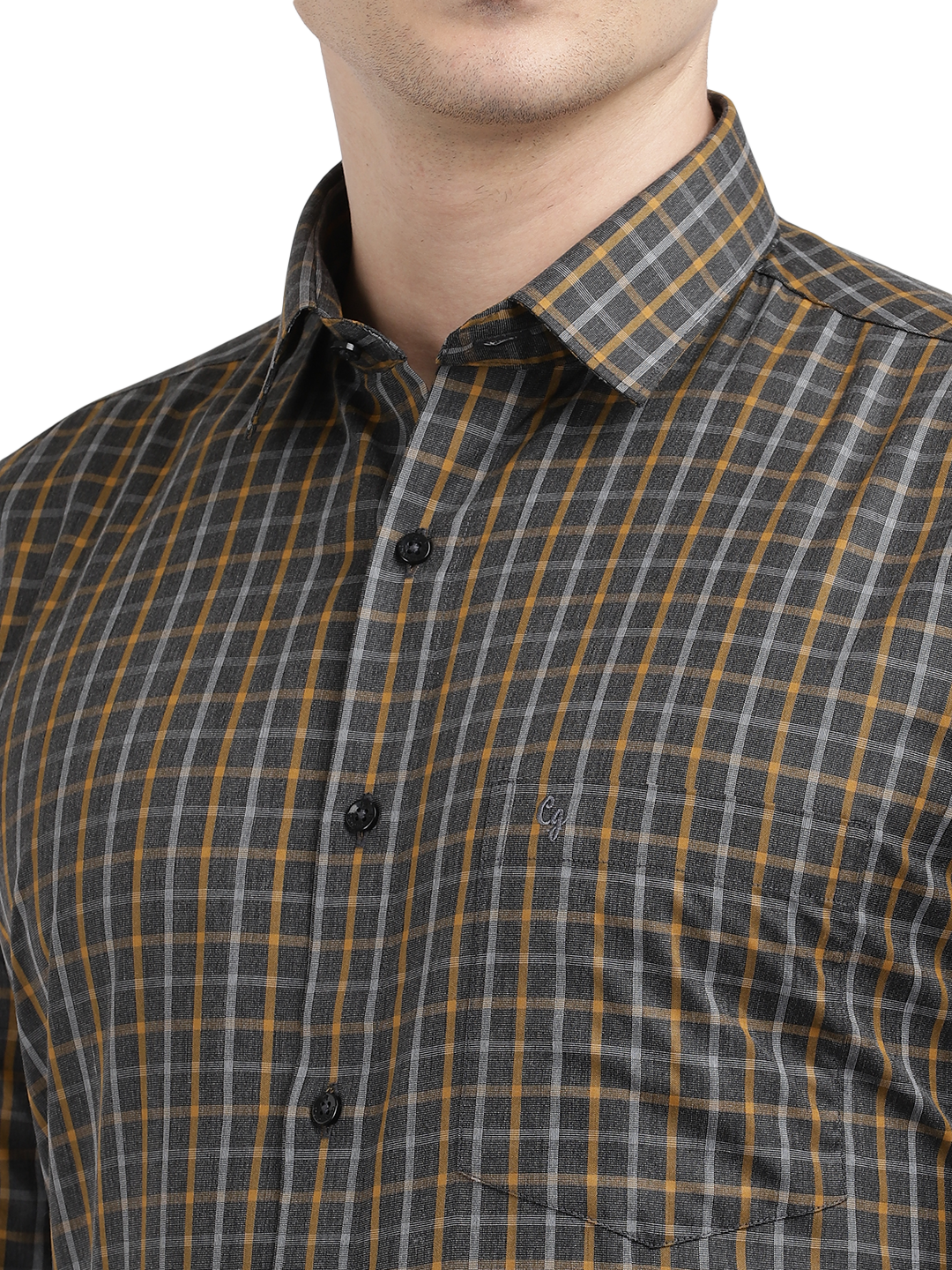 Model wearing Clarke Gable's Grey With Mustard Yellow Checked Formal Shirt in a casual setting