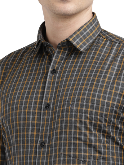 Model wearing Clarke Gable's Grey With Mustard Yellow Checked Formal Shirt in a casual setting