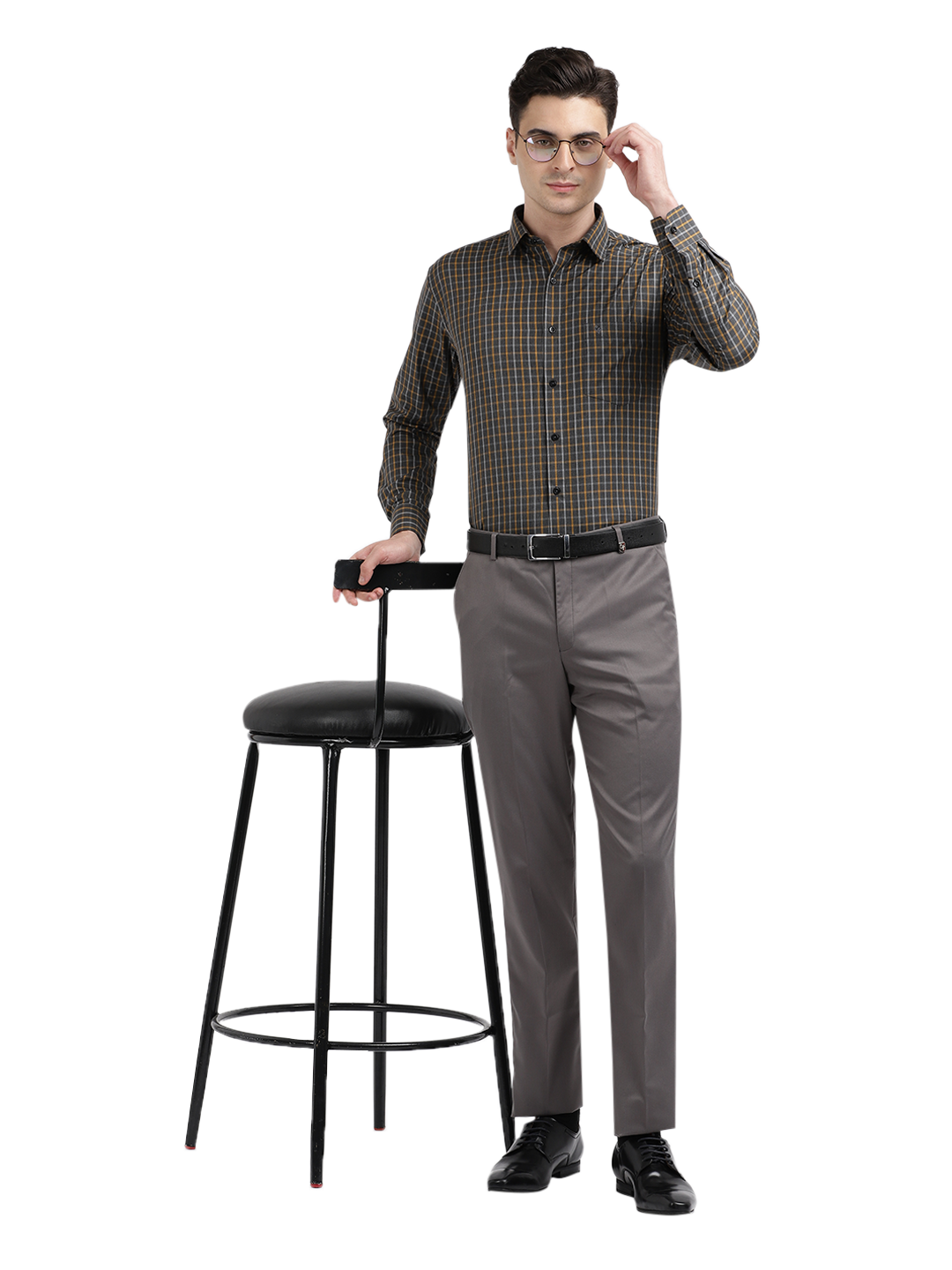 Model wearing Clarke Gable's Grey With Mustard Yellow Checked Formal Shirt in a casual setting