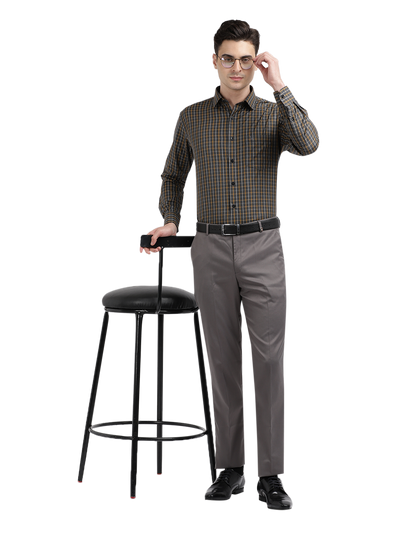 Model wearing Clarke Gable's Grey With Mustard Yellow Checked Formal Shirt in a casual setting