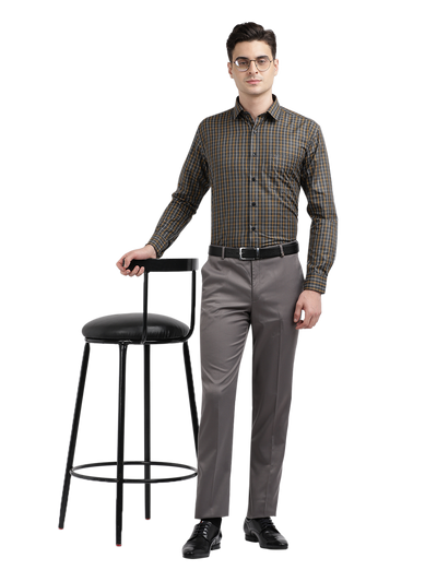 Model wearing Clarke Gable's Grey With Mustard Yellow Checked Formal Shirt in a casual setting